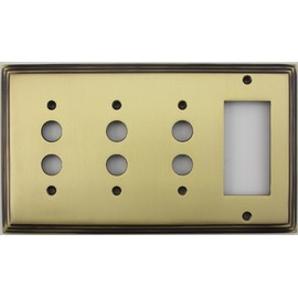 Deco Step Style Antique Brass 4 Gang Switch Plate - 3 Push Button Light Switch Openings One GFI/Rocker Opening