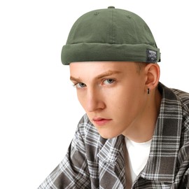 Croogo Men's No-Brim Fisherman Cap, Roll Cap, Washed Cotton Cap, Sag Cap, Round, Cotton Cap, Face Slimming Effect, Watch Cap, Fall and Winter, Plain, Sailor Hat, Individuality, Gentleman's Hat, Fashion, Outdoors, G-GD30-Green, 56.0-60.0 cm