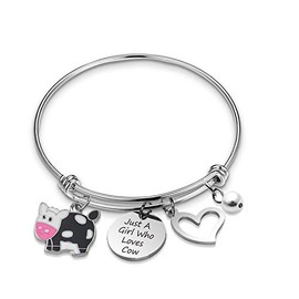 BOSATE Cow Lover Gift Just A Who Loves Cow Bracelet Funny Cow Bracelet Cute Cow Animal Gift Cow Charm Bracelet Jewelry Cow Owner Farm Gift (Loves Cow-BR)