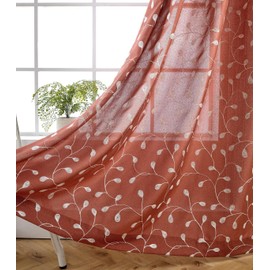 MIUCO Floral Embroidered Semi Sheer Curtains Faux Linen Grommet Window Curtains for Girls Room 52 x 63 Inch 2 Panels, Rust
