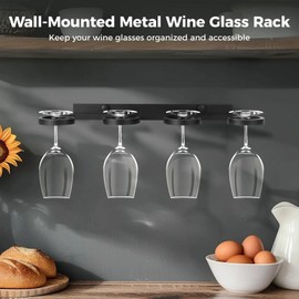 2 PCS Wall Wine Glass Racks, Wall-Mounted Wine Glass Holder, Black Metal Wine Glass Hanger for 8 Wine Cups, Wine Cup Wall Storage Organizer for Home Kitchens, Bars, Restaurants