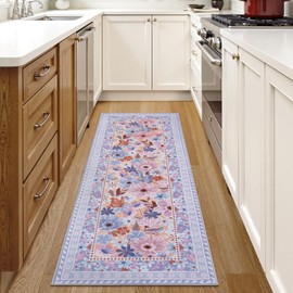 Nailttos Floral Hallway Runner Rug, 2x6 Kitchen Runner Rugs Non Skid Washable, Low Pile Soft Boho Bathroom Rugs Purple Rug for Bedroom Kitchen Entryway Laundry