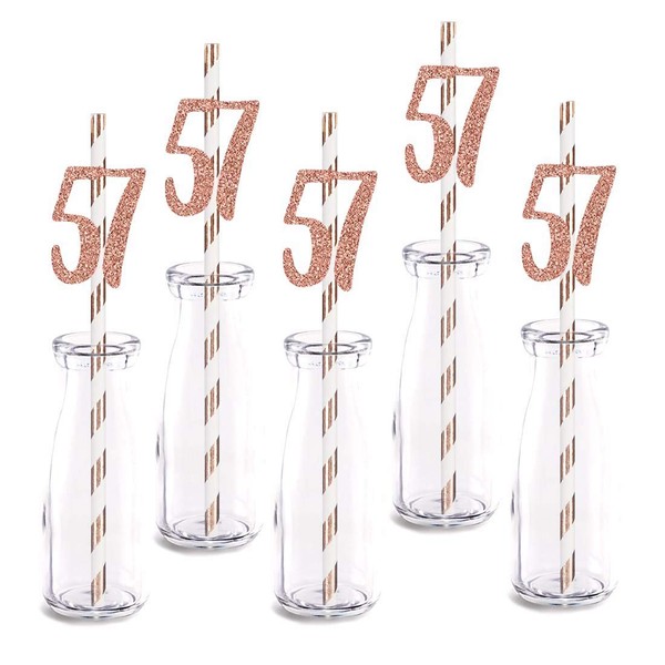 Rose Happy 57th Birthday Straw Decor, Rose Gold Glitter 24pcs Cut-Out Number 57 Party Drinking Decorative Straws, Supplies