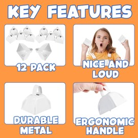 Metal Cowbells - White 3 Inch Cow Bells Noise Makers, Loud Call Bell with Handles for Sporting Events, Cheering, Team Spirit, Noisemakers, Weddings, (Pack of 12)