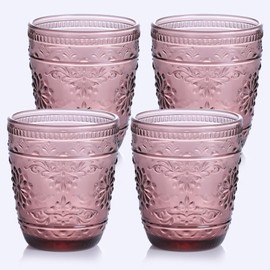 abrwyy Purple Glassware set of 4, 10OZ Drinking Glasses, Purple Heavy Duty Glass Cups, Colored Glassware Set, Embossed Glasses Set for Party Wedding Home Office Gift