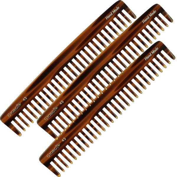 Giorgio G43 Large 7.25 Inch Hair Detangling Comb, Wide Teeth for Thick Curly Wavy Hair. Long Hair Detangler Comb For Wet and Dry. Handmade of Quality Cellulose, Saw-Cut, Hand Polished, Tortoise Shell