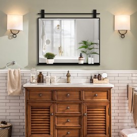 ANYHI Black Farmhouse Mirror for Wall, 32" × 28" Metal Frame Rectangle Mirror with Shelf, Perfect for Living Room, Bedroom, Entryway, Horizontal