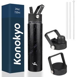 Konokyo Insulated Water Bottle with Straw,24oz 3 Lids Metal Bottles Stainless Steel Water Flask,Marble Midnight