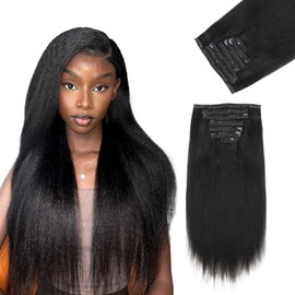 KIMSMTED Yaki Human Hair Clip in Extensions Jet Black Yaki Human Hair Clip ins for Black Women 20 Inch Invisible Yaki Clip ins Remy Human Hair Extensions for Full Head 120 Grams 7 Pcs