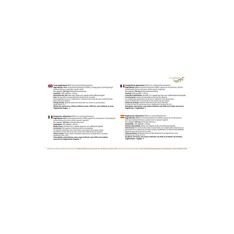 Vita World MSM 500Mg 100 Capsules Made in Germany