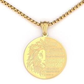 UTHOSMDO Be Strong Lion Bible Cover - Joshua 1:9, Engraved English Bible Lords Stainless Steel Necklace (Gold)
