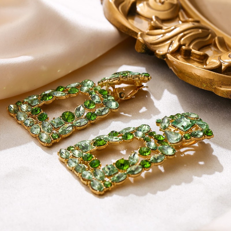 EVER FAITH Rectangle Clip-on Drop Earrings for Women, Sparkly Rhinestone