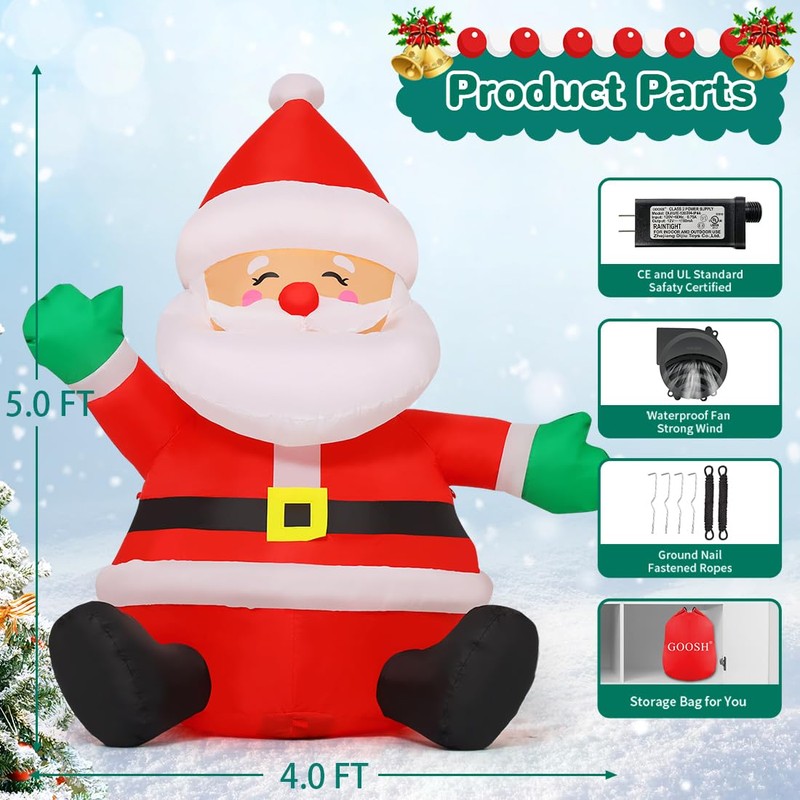 GOOSH 5 FT Christmas Inflatables Santa Claus Outdoor Decorations Blow
