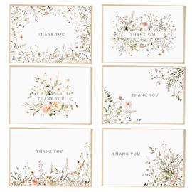 Paquete de 52 tarjetas de agradecimiento florales a granel con sobres de papel kraft y calcomanías a juego, 3.5 x 5 pulgadas, 6 diseños de flores silv