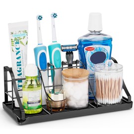 Bathroom Countertop Organizer - Detachable 7 Slots Kids Electric Black Toothbrush and Toothpaste Holder Drainage Tray for Bathroom Accessories Organization Counter Vanity Sink Storage