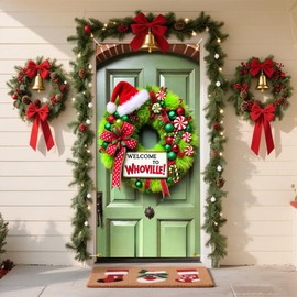 Cmialusie Merry Christmas Wreath Door banner Fabric Holiday Decor for Doorway and Windows, 71 x 35 Inch