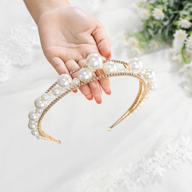 Urieo White Faux Pearl Headband Gold Glitter Rhinestone Hairbands Layered Head Band Bridal Parties Prom Hair Accessory for Women