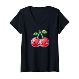 Womens Cute Cherry Friends Graphic Kawaii Fruit Designs For Kids V-Neck T-Shirt