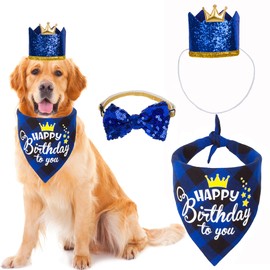 ADOGGYGO Dog Birthday Party Supplies, Dog Birthday Hat Bandana Scarf with Cute Dog Bow Tie for Small Medium Dogs Pets