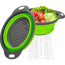 Collapsible Silicone Colanders For Easy Storage,Round Kitchen Strainer Set with Plastic Handles,Perfect for Draining Pasta, Noodles, Veggies and Fruits (2 pack green)