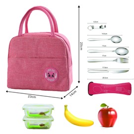 XOPOZON 6L Insulated Lunch Bag Lunch Box 5 Piece Camping Cutlery Waterproof Lunch Bag Suitable for School Office Picnic (Pink)