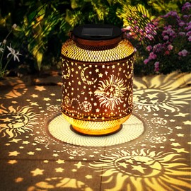 Solar Lanterns Outdoor Garden Decor, Metal Sun Moon Decor Lanterns Birthday Gifts for Women Mom Grandma, Waterproof Hanging Outdoor Solar Lights for Patio, Yard, Lawn, Landscape
