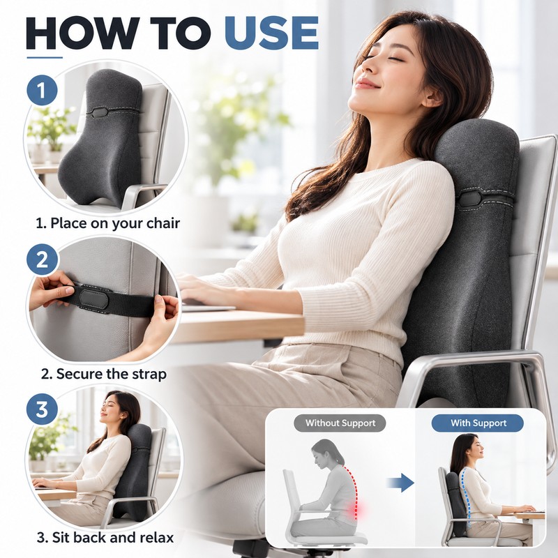 Memory Foam Lumbar Support Pillow for Office Chair, Ergonomic Backrest