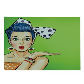 Ambesonne Lips Cutting Board, Comic Style Pop Art Retro Girl with Blue Hair Polka Dotted Hair Tie Blowing a Kiss, Decorative Tempered Glass Cutting and Serving Board, Large Size, Multicolor