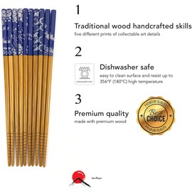 JapanBargain, 2 Pack of 5 Pair Reusable Bamboo Chopsticks Japanese Chinese Korean Style Choptick Hair Sticks, Dishwasher Safe, 9 inch, Blue