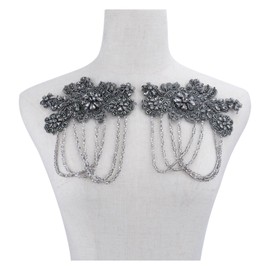 1 Pair Handmade Beaded Rhinestone Appliques Leaves Bead Patches, Sew on Crystal Flower Lace Patch,Multi-Color Pairs for DIY Clothing, Wedding Dress, Home Decor (Grey)