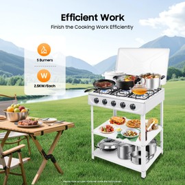 HAPPCUCOE 5 Burner Gas Stove,Portable Natural Gas Camping Grill Stove With 5 Control Knobs,Manual Ignition, Floor Standing Camping Stove With Support Leg Stand,For RV Outdoor Cooking (White)