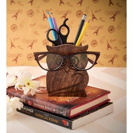 Eximious India PJ02 Owl Design Rustic Wood Pencil Holder Pen Cup Spectacle Eyeglasses Holder Desk Caddy Organizer Office Supplies Accessories Gift Ideas Office Coworkers