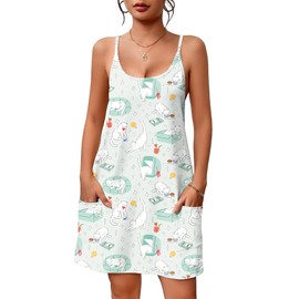 Ekouaer Nightgowns for Women Cotton Sleepwear Adjustable Spaghetti Strap Sleepshirt Racerback Night Dress with Pockets Blue Cat L