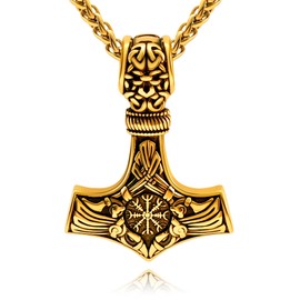 Oaldilee Men's Gold Thor's Hammer Pendant Nordic Mjolnir Necklace with 22 Inch Chain Norse Viking Talisman Amulet Jewelry