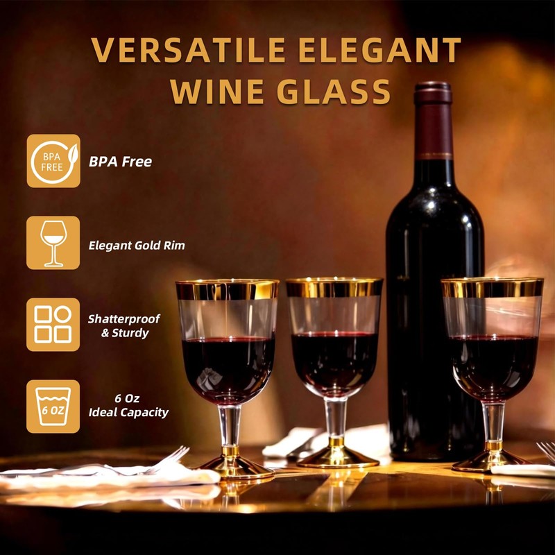 48PCS Plastic Wine Glasses with Gold Rim, 6 Oz Stemmed