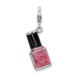 Adornica Diamonds Sterling Silver Rhodium-Plated 3-d Enameled Pink Nail Polish Bottle with Lobster Clasp Charm