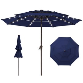 JEAREY 3-Tier Patio Umbrella with Solar Lights 9FT Outdoor Market Table Umbrellas with Push Button Tilt for Patio Garden Pool,Navy