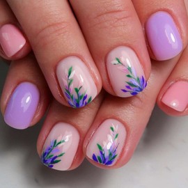 Hkanlre Meidum Square Press on Nails Purple Fake Nails Tips Full Cover False Leaf Nails for Women and Girls 24PCS