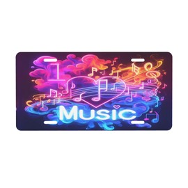 KOSUES I Love Music Neon Note Aluminum License Plate 6 x 12 Inch Metal Car Front License Plate Cover Car Decor Accessory Novelty Vanity Decoration Tag with 4 Holes Gift for Men Women