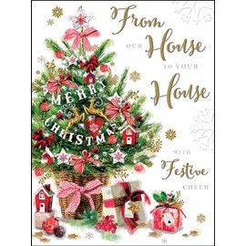 Jonny Javelin Our House to Your House Christmas Card - Decorated Tree and Christmas Gifts Embossed with Foil and Flitter Details