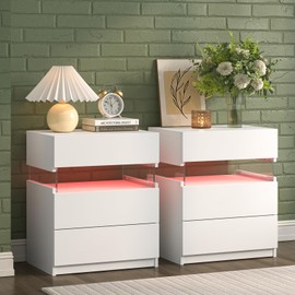 i-aplus Night Stand Set 2 Night Stand with Gun Drawer LED Night Stand for Bedroom Modern LED Bedside Table with 3 Drawers End Side Table