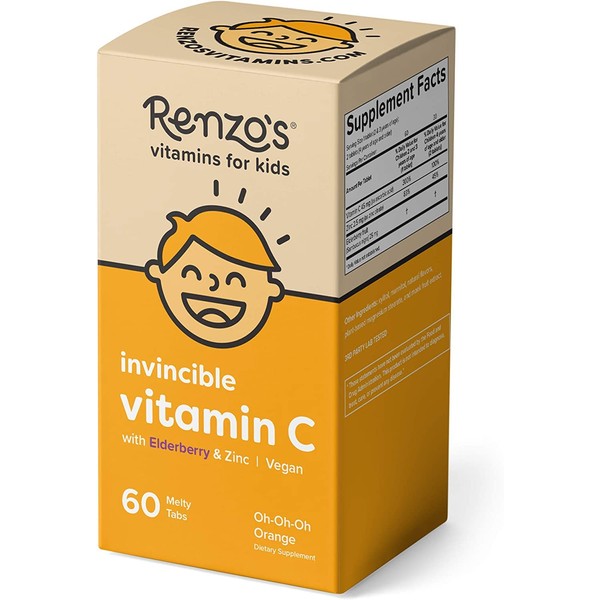 Renzo's Kids Vitamin C with Elderberry & Zinc for Immune Support, Vegan Vitamin C for Kids, Zero Sugar, Non-GMO, Oh-Oh-Oh Orange Flavor, Easy to Take Chewable Vitamin C Tablets, [60 Melty Tabs]