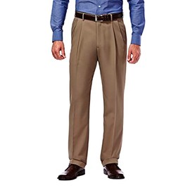 Haggar mens Mynx Gabardine Hidden Expandable Waistband Classic Fit Front Pleated dress pants, Khaki, 38W x 30L US