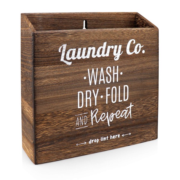 Magnetic Lint Bin for Laundry Room – Mountable, Wooden Lint Box/Holder/Trash Can or Organization and Storage Bin for Washer and Dryer Supplies – Rustic Farmhouse Decor by CADE + KAI (Torch Dark Brown)