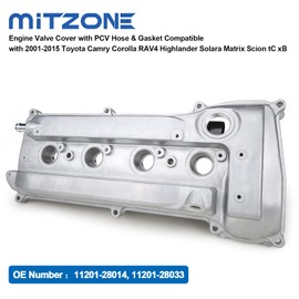 MITZONE Engine Valve Cover with PCV Hose & Gasket Compatible with 2001-2015 Toyota Camry Corolla RAV4 Highlander Solara Matrix Scion tC xB 2.4L Replace 11201-28014 11201-28033
