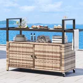 YITAHOME Large Outdoor Kitchen Wicker Island Rolling Cart & Patio Bar Table, w/Wheels and Black Glass Table Top Backyard and Poolside Light Brown