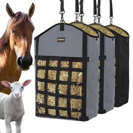 MIYABALA Hay Bags for Horses,3 Packs Slow Feed Hay Bags for Goats,Sheep,Donkey,Premium Oxford Hay Feed Bags with Front Hay Nets Design, Easy to Fill and Hang with Large Opening (1 Black+2Grey)