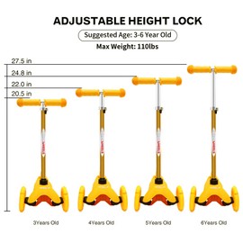 ChromeWheels Scooter for Kids, Deluxe 3 Wheel Scooter for Toddlers 4 Adjustable Height Glider with Kick Scooters, Lean to Steer with LED Flashing Light for Ages 3-6 Girls Boys, Yellow