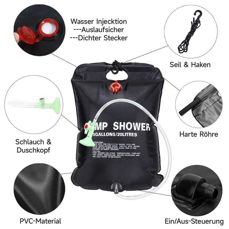 ECtury 20L Camping Shower, 5 Gallons Portable Shower, Camping Essentials,