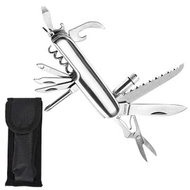Canotagio Navaja Multiusos Deportiva de Acero Inoxidable.10 Funciones: Tijeras, Navaja, Serrucho, Destapacorchos, Abrelatas, Desarmador de Cruz Paleta y Linterna. Navaja Multiherramienta de Bolsillo.